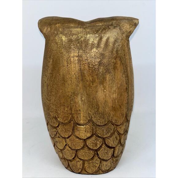 Solid Wood Hand Carved Owl Painted Gold With Black Felt bottom Green Front - Picture 7 of 9